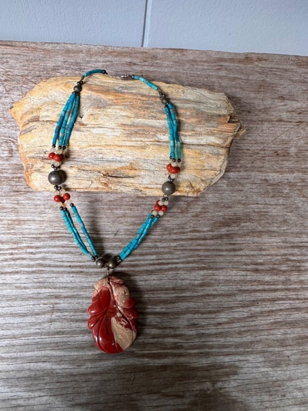 Vintage Old Pawn Southwestern Turquoise Tube Bead Necklace Carved Stone Pendant